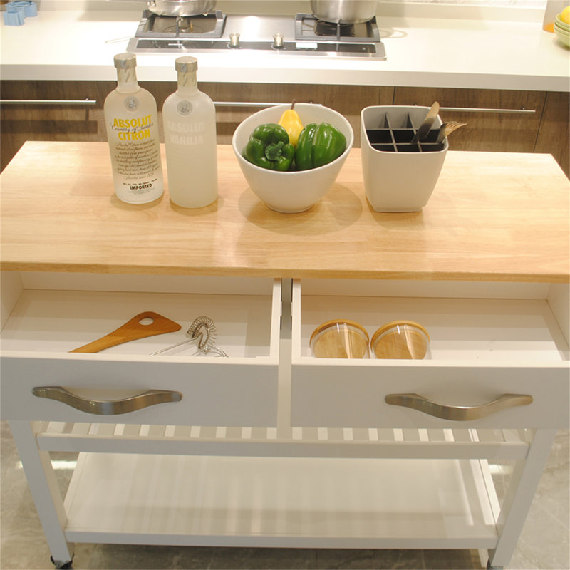Winston Porter Kitchen Island Kitchen Cart Rubber Wood Top Mobile Kitchen Island With Two Lockable Wheels Simple Design For Easy Storing And Fetching Two Drawers Give Unique Storage For Special Utensi...